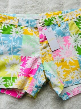 Lilly Pulitzer Patchwork Floral High-Waist Shorts in Pink, Yellow, Green & Blue